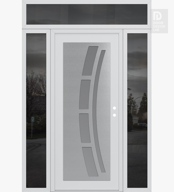 Modern Steel Front Door Diamond C12 64" x 96" white/white frosted Glass Panel stainless steel LHI with 2 Sidelites and Transom mirrored Glass