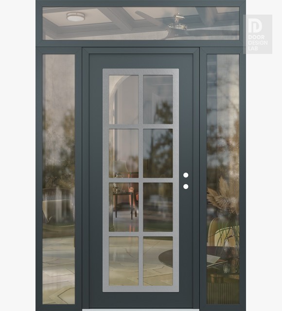 Modern Steel Front Door Diamond C16 60" x 96" anthracite/anthracite clear Glass Panel stainless steel LHI with 2 Sidelites and Transom clear Glass