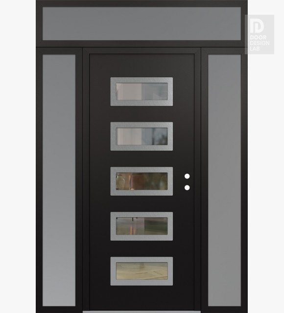 Modern Steel Front Door Diamond D1 68" x 96" black/black clear Glass Panel stainless steel LHI with 2 Sidelites and Transom frosted Glass