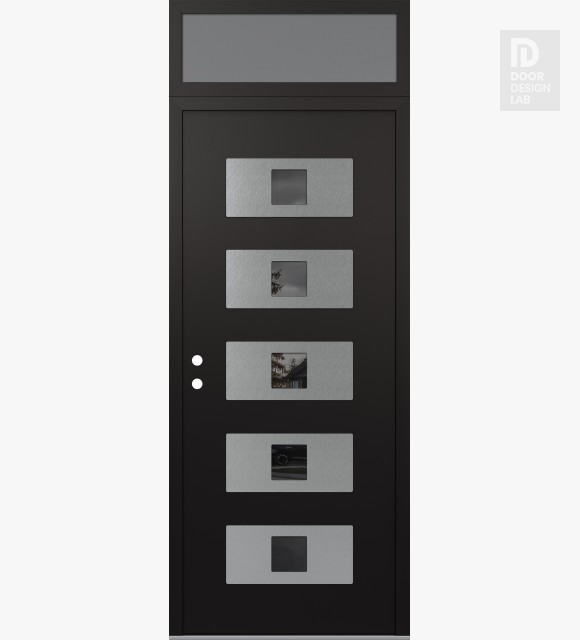 Modern Steel Front Door Diamond D8 36" x 96" black/black mirrored Glass Panel stainless steel RHI with Transom frosted Glass