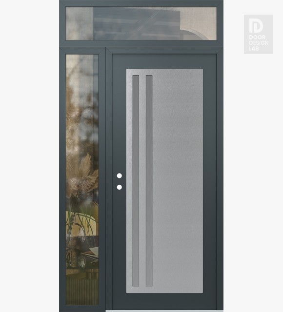 Modern Steel Front Door Diamond C6 52" x 96" anthracite/anthracite frosted Glass Panel stainless steel RHI with Sidelite and Transom clear Glass