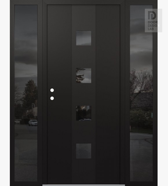 Modern Steel Front Door DIAMOND A12 64" X 80" BLACK/BLACK MIRRORED GLASS PANEL BLACK RHI WITH 2 SIDELITES MIRRORED GLASS