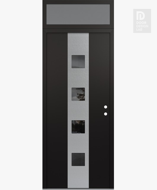 Modern Steel Front Door DIAMOND A12 36" X 96" BLACK/BLACK MIRRORED GLASS PANEL STAINLESS STEEL LHI WITH TRANSOM FROSTED GLASS