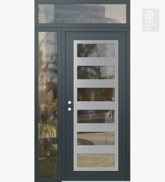 Modern Steel Front Door Diamond C9 48" x 96" anthracite/anthracite clear Glass Panel stainless steel RHI with Sidelite and Transom clear Glass