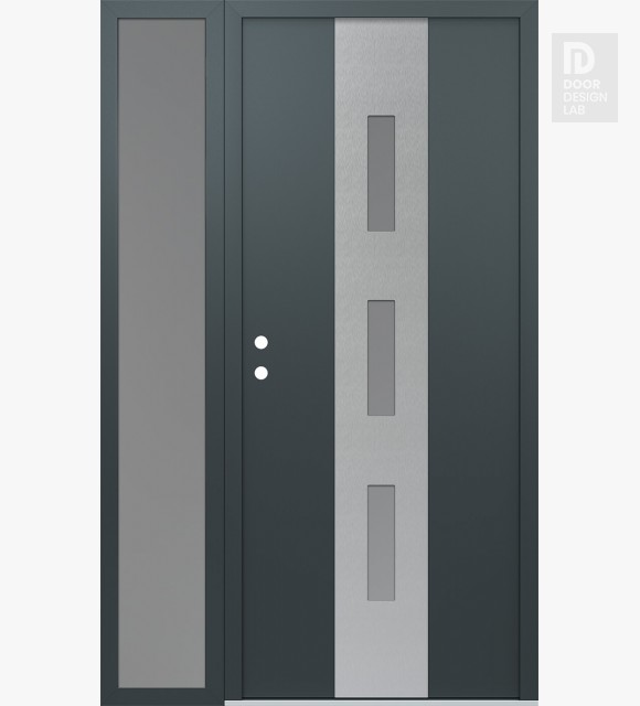 Modern Steel Front Door DIAMOND A7 48" X 80" ANTHRACITE/ANTHRACITE FROSTED GLASS PANEL STAINLESS STEEL RHI WITH SIDELITE FROSTED GLASS