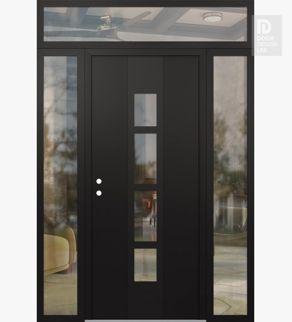 Modern Steel Front Door DIAMOND A10 60" X 96" BLACK/BLACK CLEAR GLASS PANEL BLACK RHI WITH 2 SIDELITES AND TRANSOM CLEAR GLASS