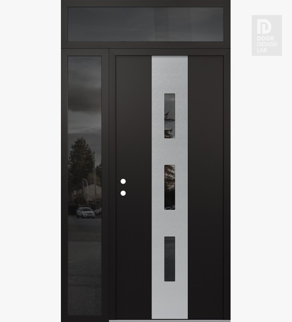 Modern Steel Front Door DIAMOND A7 50" X 96" BLACK/BLACK MIRRORED GLASS PANEL STAINLESS STEEL RHI WITH SIDELITE AND TRANSOM MIRRORED GLASS