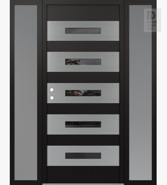 Modern Steel Front Door Diamond D9 60" x 80" black/black mirrored Glass Panel stainless steel RHI with 2 Sidelites frosted Glass