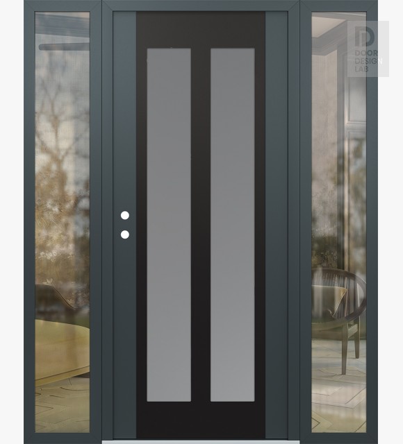 Modern Steel Front Door Diamond C14 68" x 80" anthracite/anthracite frosted Glass Panel black RHI with 2 Sidelites clear Glass