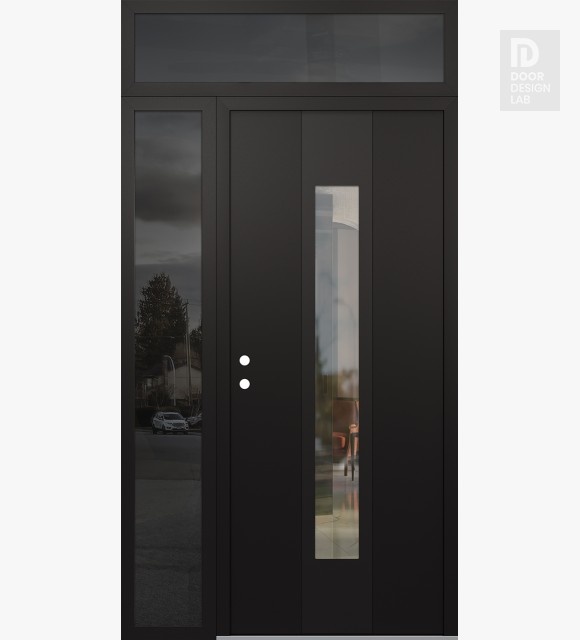 Modern Steel Front Door DIAMOND A1 52" X 96" BLACK/BLACK CLEAR GLASS PANEL BLACK RHI WITH SIDELITE AND TRANSOM MIRRORED GLASS