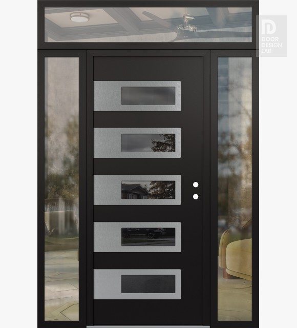 Modern Steel Front Door Diamond D3 68" x 96" black/black mirrored Glass Panel stainless steel LHI with 2 Sidelites and Transom clear Glass