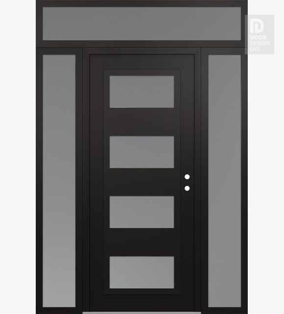 Modern Steel Front Door Diamond C2 60" x 96" black/white frosted Glass Panel black LHI with 2 Sidelites and Transom frosted Glass
