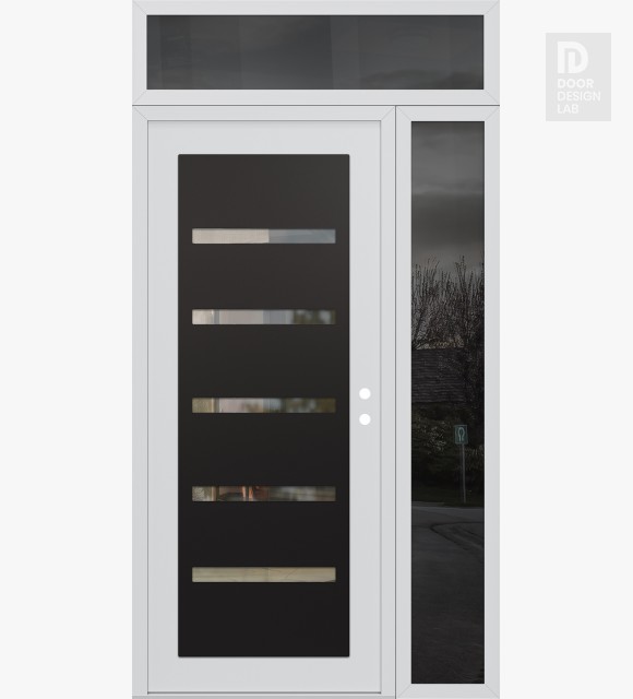 Modern Steel Front Door Diamond C7 48" x 96" white/white clear Glass Panel black LHI with Sidelite and Transom mirrored Glass