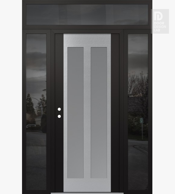 Modern Steel Front Door Diamond C14 68" x 96" black/white frosted Glass Panel stainless steel RHI with 2 Sidelites and Transom mirrored Glass