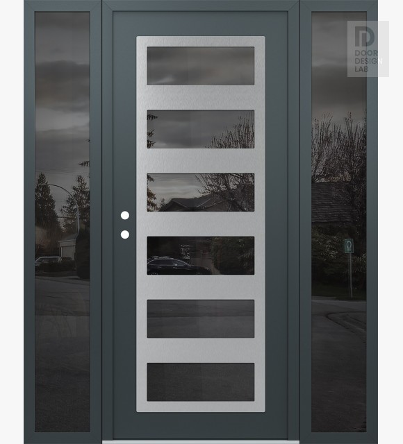 Modern Steel Front Door Diamond C9 64" x 80" anthracite/anthracite mirrored Glass Panel stainless steel RHI with 2 Sidelites mirrored Glass