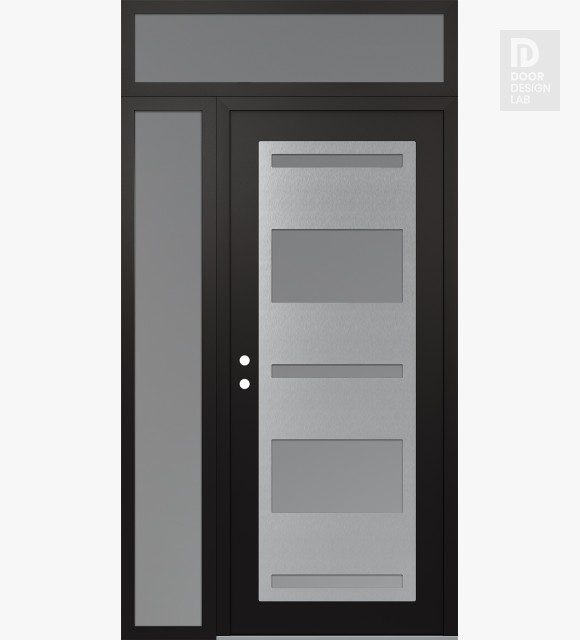 Modern Steel Front Door Diamond C10 52" x 96" black/white frosted Glass Panel stainless steel RHI with Sidelite and Transom frosted Glass