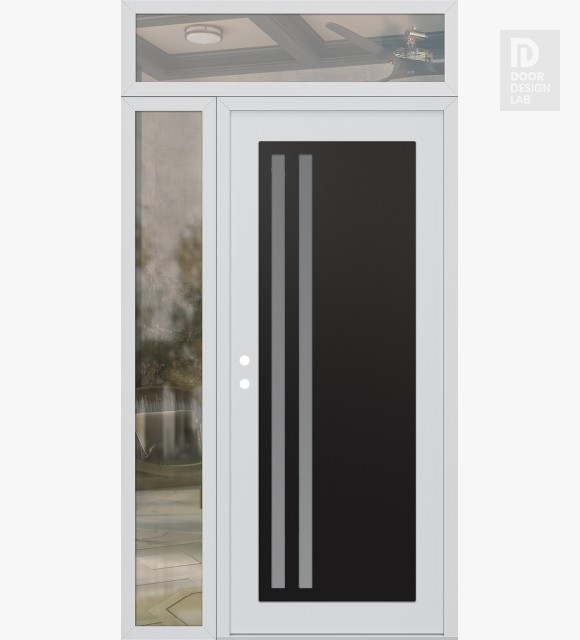 Modern Steel Front Door Diamond C6 50" x 96" white/white frosted Glass Panel black RHI with Sidelite and Transom clear Glass