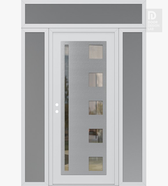 Modern Steel Front Door Diamond C3 64" x 96" white/white clear Glass Panel stainless steel RHI with 2 Sidelites and Transom frosted Glass