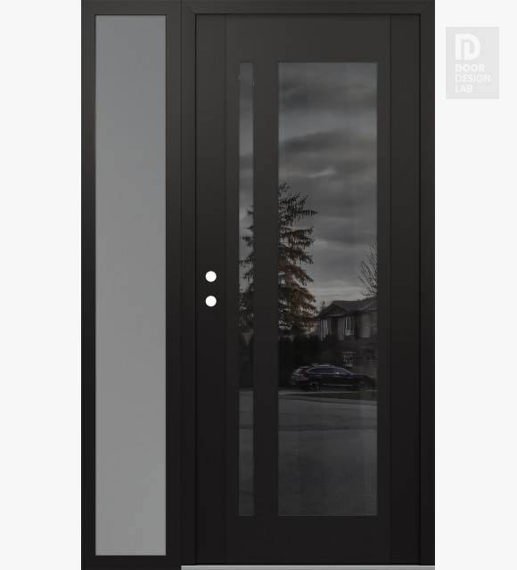 Modern Steel Front Door Diamond C15 48" x 80" black/black mirrored Glass Panel black RHI with Sidelite frosted Glass
