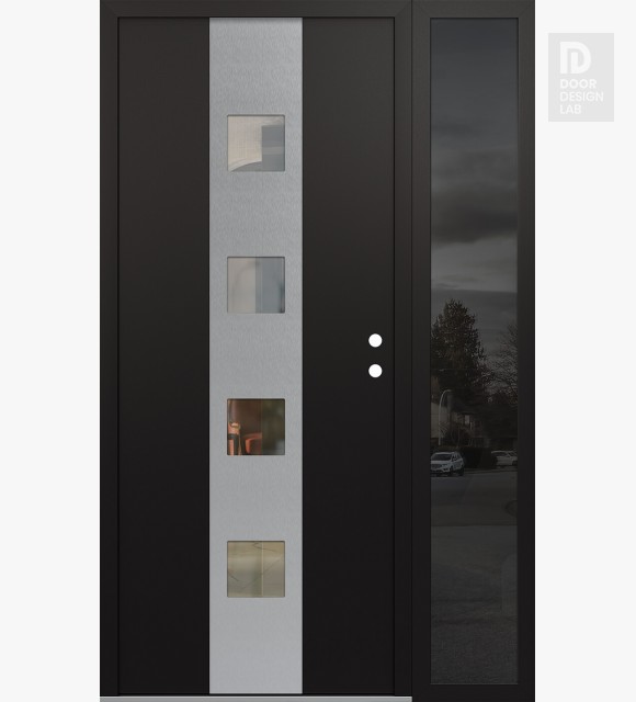 Modern Steel Front Door DIAMOND A12 48" X 80" BLACK/BLACK CLEAR GLASS PANEL STAINLESS STEEL LHI WITH SIDELITE MIRRORED GLASS