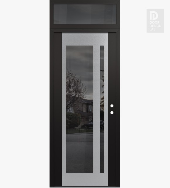 Modern Steel Front Door Diamond C15 36" x 96" black/black mirrored Glass Panel stainless steel LHI with Transom mirrored Glass