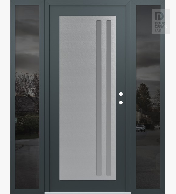 Modern Steel Front Door Diamond C6 68" x 80" anthracite/anthracite frosted Glass Panel stainless steel LHI with 2 Sidelites mirrored Glass