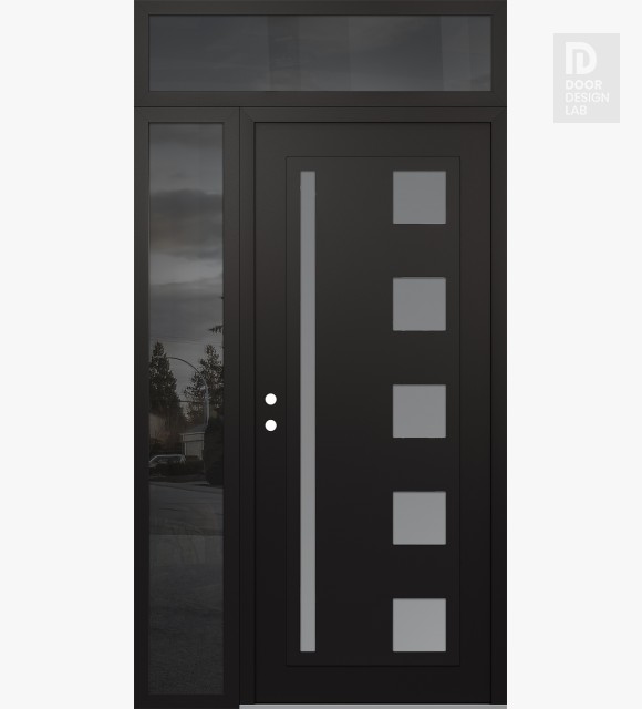 Modern Steel Front Door Diamond C3 52" x 96" black/white frosted Glass Panel black RHI with Sidelite and Transom mirrored Glass