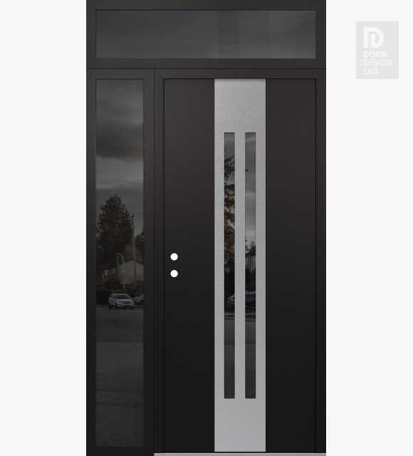 Modern Steel Front Door DIAMOND A8 52" X 96" BLACK/BLACK MIRRORED GLASS PANEL STAINLESS STEEL RHI WITH SIDELITE AND TRANSOM MIRRORED GLASS
