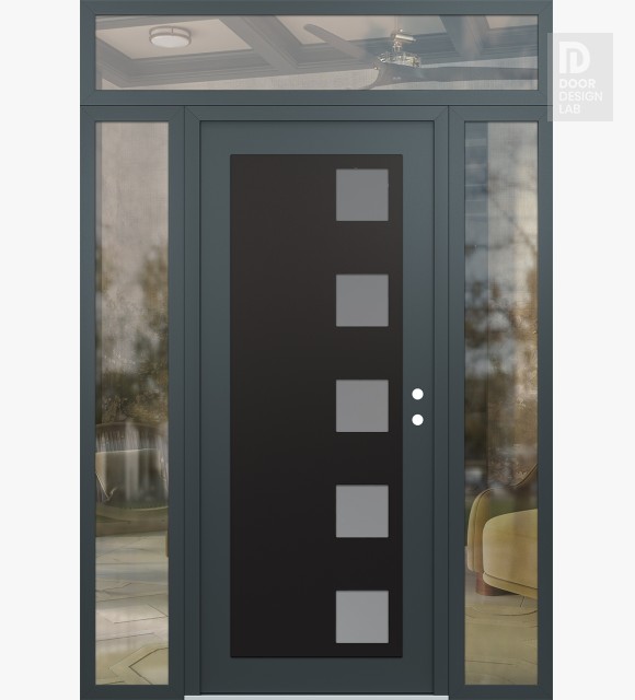 Modern Steel Front Door Diamond C5 68" x 96" anthracite/anthracite frosted Glass Panel black LHI with 2 Sidelites and Transom clear Glass