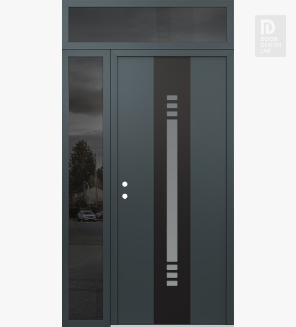 Modern Steel Front Door DIAMOND A5 50" X 96" ANTHRACITE/ANTHRACITE FROSTED GLASS PANEL BLACK RHI WITH SIDELITE AND TRANSOM MIRRORED GLASS