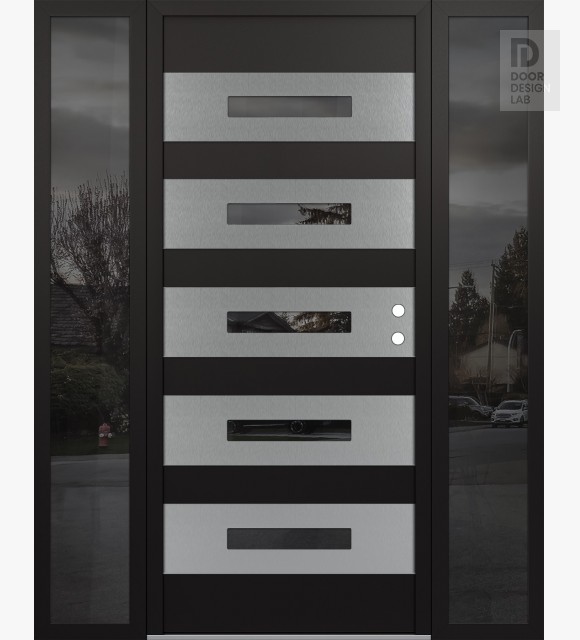 Modern Steel Front Door Diamond D9 60" x 80" black/black mirrored Glass Panel stainless steel LHI with 2 Sidelites mirrored Glass