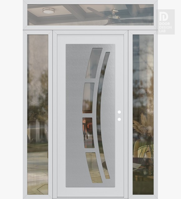 Modern Steel Front Door Diamond C12 60" x 96" white/white clear Glass Panel stainless steel LHI with 2 Sidelites and Transom clear Glass