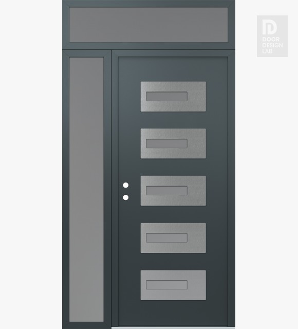 Modern Steel Front Door Diamond D6 48" x 96" anthracite/anthracite frosted Glass Panel stainless steel RHI with Sidelite and Transom frosted Glass