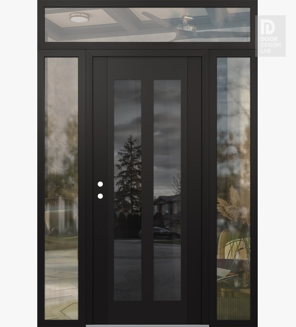 Modern Steel Front Door Diamond C14 64" x 96" black/black mirrored Glass Panel black RHI with 2 Sidelites and Transom clear Glass