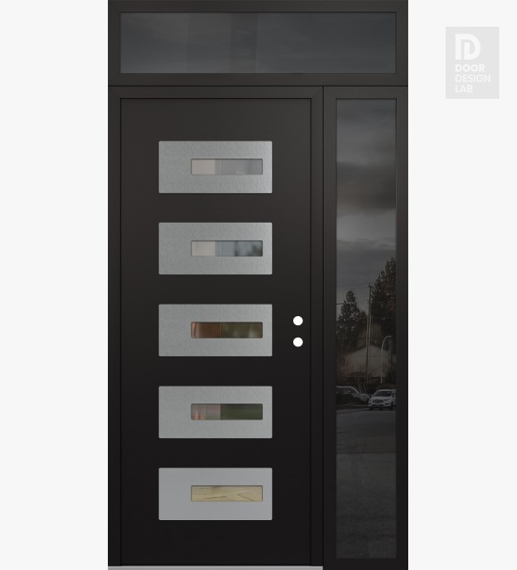Modern Steel Front Door Diamond D6 48" x 96" black/black clear Glass Panel stainless steel LHI with Sidelite and Transom mirrored Glass