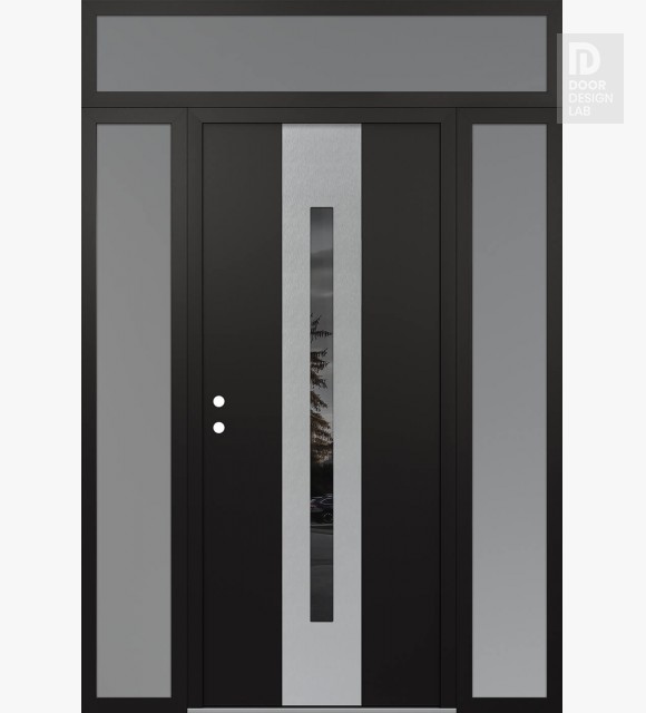 Modern Steel Front Door DIAMOND A2 64" X 96" BLACK/BLACK MIRRORED GLASS PANEL STAINLESS STEEL RHI WITH 2 SIDELITES AND TRANSOM FROSTED GLASS