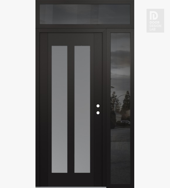 Modern Steel Front Door Diamond C14 52" x 96" black/white frosted Glass Panel black LHI with Sidelite and Transom mirrored Glass