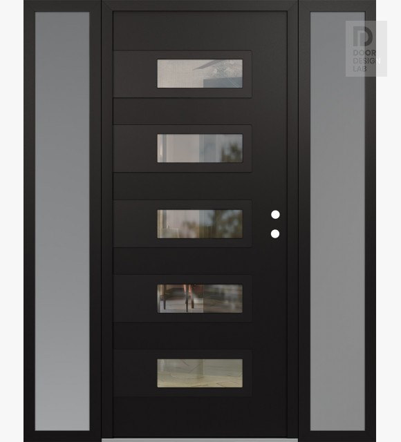 Modern Steel Front Door Diamond D3 64" x 80" black/black clear Glass Panel black LHI with 2 Sidelites frosted Glass