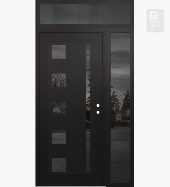 Modern Steel Front Door Diamond C3 48" x 96" black/black mirrored Glass Panel black LHI with Sidelite and Transom mirrored Glass