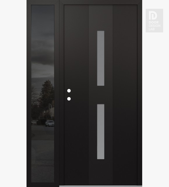 Modern Steel Front Door DIAMOND A6 52" X 80" BLACK/WHITE FROSTED GLASS PANEL BLACK RHI WITH SIDELITE MIRRORED GLASS