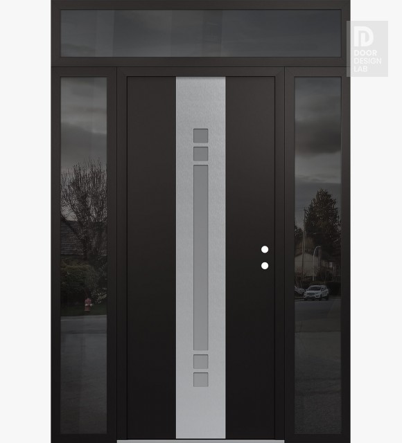 Modern Steel Front Door DIAMOND A4 68" X 96" BLACK/WHITE FROSTED GLASS PANEL STAINLESS STEEL LHI WITH 2 SIDELITES AND TRANSOM MIRRORED GLASS