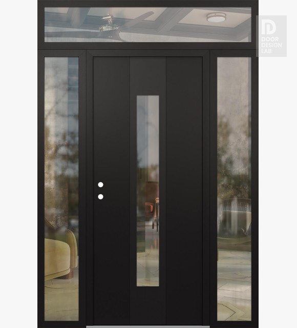 Modern Steel Front Door DIAMOND A1 64" X 96" BLACK/BLACK CLEAR GLASS PANEL BLACK RHI WITH 2 SIDELITES AND TRANSOM CLEAR GLASS