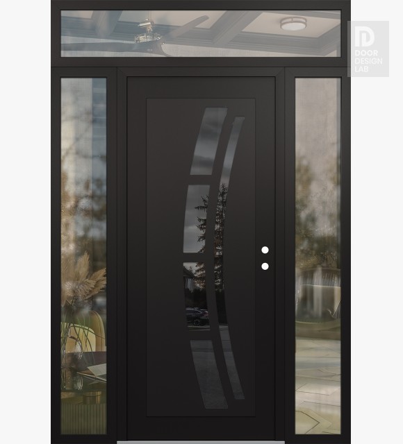 Modern Steel Front Door Diamond C12 68" x 96" black/black mirrored Glass Panel black LHI with 2 Sidelites and Transom clear Glass