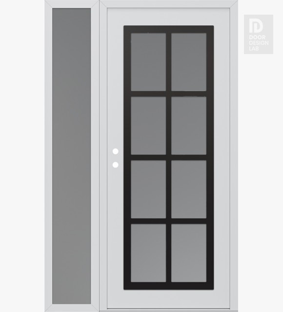 Modern Steel Front Door Diamond C16 52" x 80" white/white frosted Glass Panel black RHI with Sidelite frosted Glass