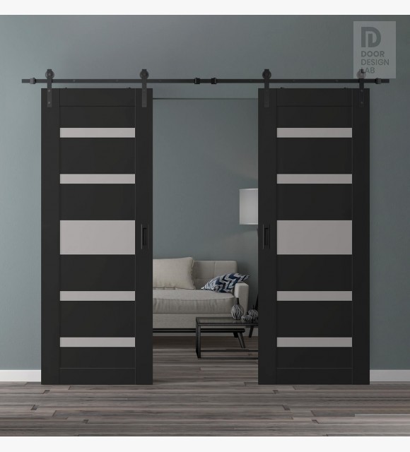 DOUBLE BARN DOOR AVON 07-05 VETRO BLACK MATTE 56" X 84" X 1 3/4" BLACK HARDWARE