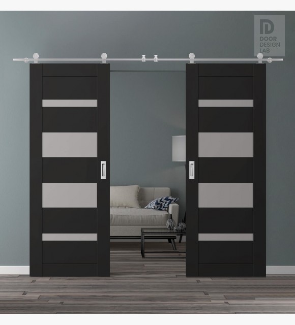 DOUBLE BARN DOOR AVON 07-01 VETRO BLACK MATTE 56" X 96" X 1 3/4" STAINLESS STEEL HARDWARE