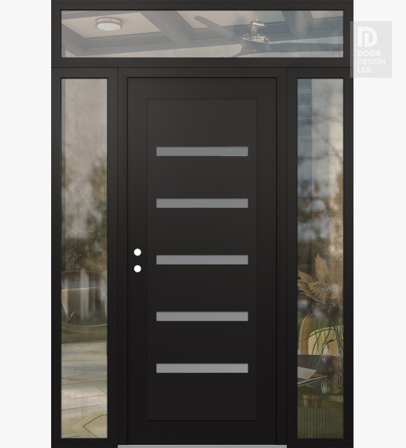 Modern Steel Front Door Diamond C7 64" x 96" black/white frosted Glass Panel black RHI with 2 Sidelites and Transom clear Glass