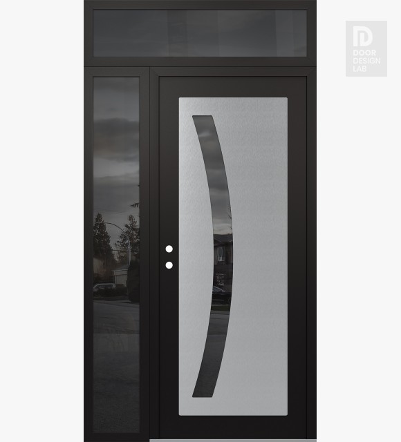 Modern Steel Front Door Diamond C4 52" x 96" black/black mirrored Glass Panel stainless steel RHI with Sidelite and Transom mirrored Glass