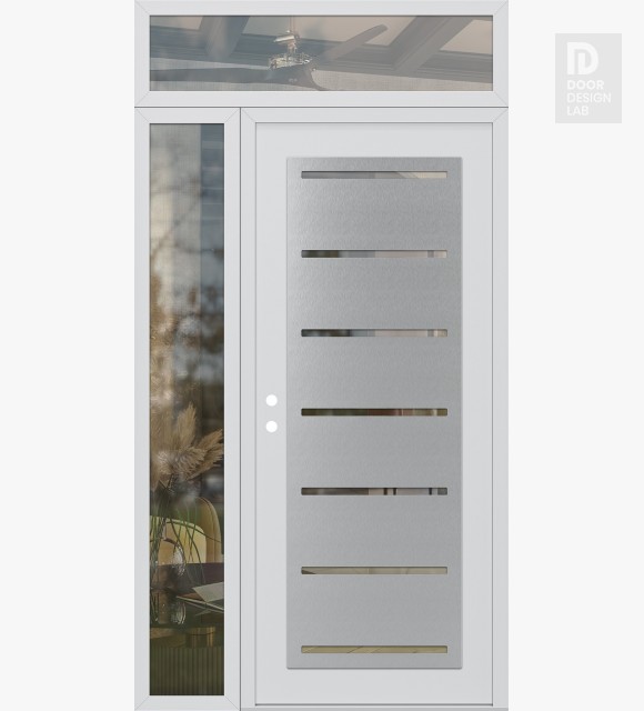 Modern Steel Front Door Diamond C11 50" x 96" white/white clear Glass Panel stainless steel RHI with Sidelite and Transom clear Glass