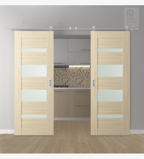 DOUBLE BARN DOOR AVON 07-01 VETRO LOIRE ASH 36" X 84" X 1 3/4" STAINLESS STEEL HARDWARE
